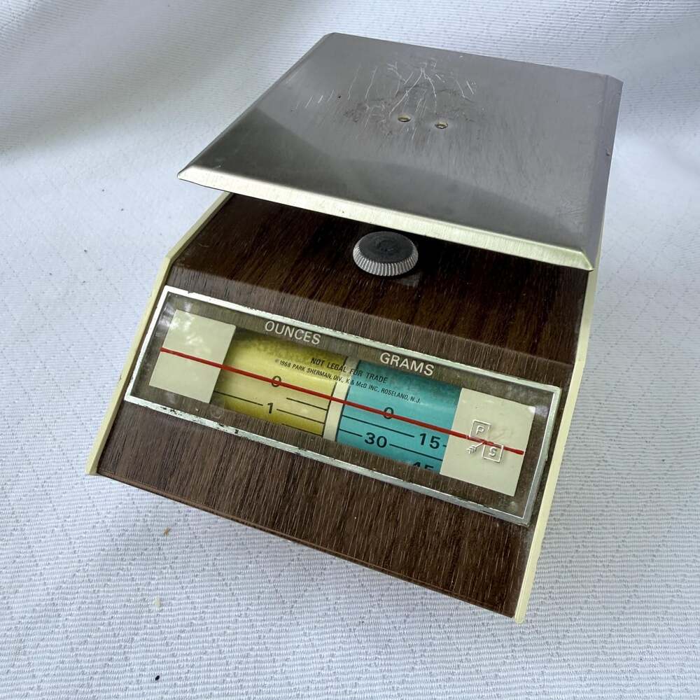 Vintage Park Sherman Postal Scale Faux Wood Grain Stainless Steel Ounces Grams O